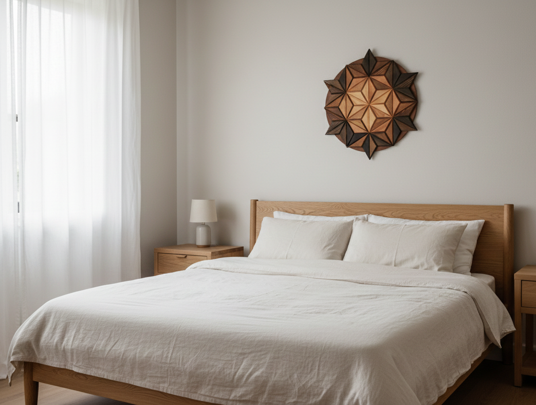 Modern yatak odası dekorasyonunda yatak başı üzerinde sergilenen dairesel formlu geometrik masif ahşap tablo.