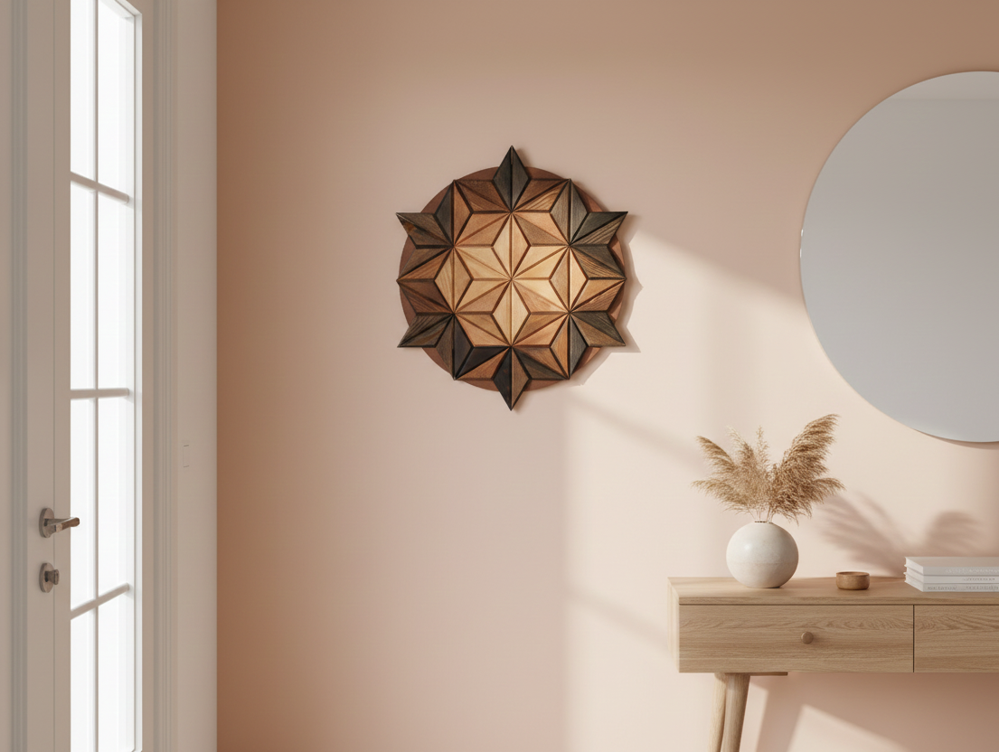 Minimalist iç mekan tasarımında dresuar üzerinde konumlandırılmış yıldız motifli 3D ahşap rölyef pano.