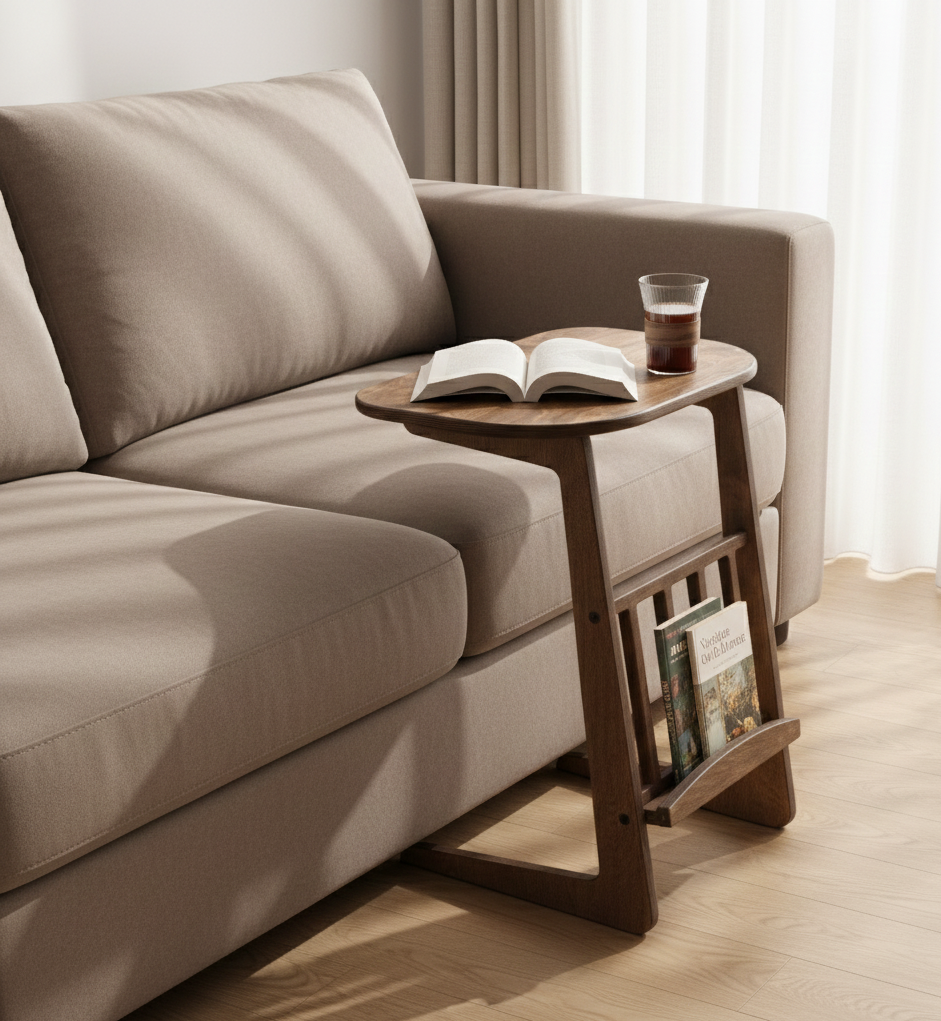 Modern bir koltuk yanında konumlandırılmış, üzerine kahve ve kitap konulmuş şık masif ahşap C sehpa dekorasyonu.