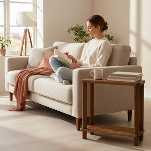 oturma odasında koltukta otururken kitap okuyan bir kadın, hemen koltuğun yanında üzerinde kadınıniçtiği kahve bardağı olan ham ahşap yan sehpa