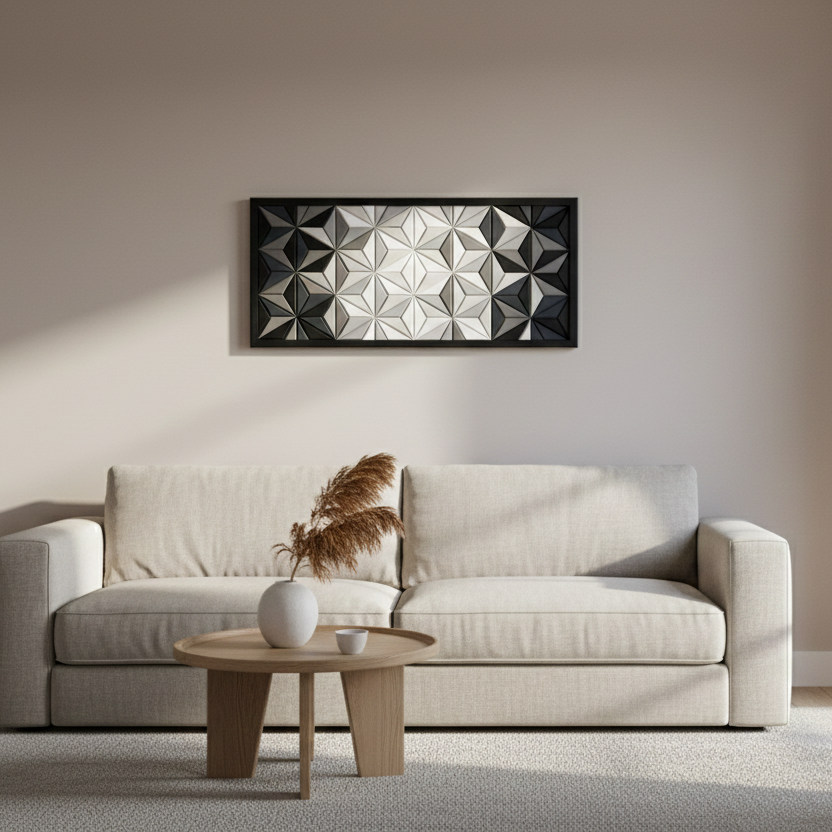 Prisma Monokrom: El İşçiliği Masif Ahşap Geometrik Duvar Dekoru - Modern 3D Sanat
