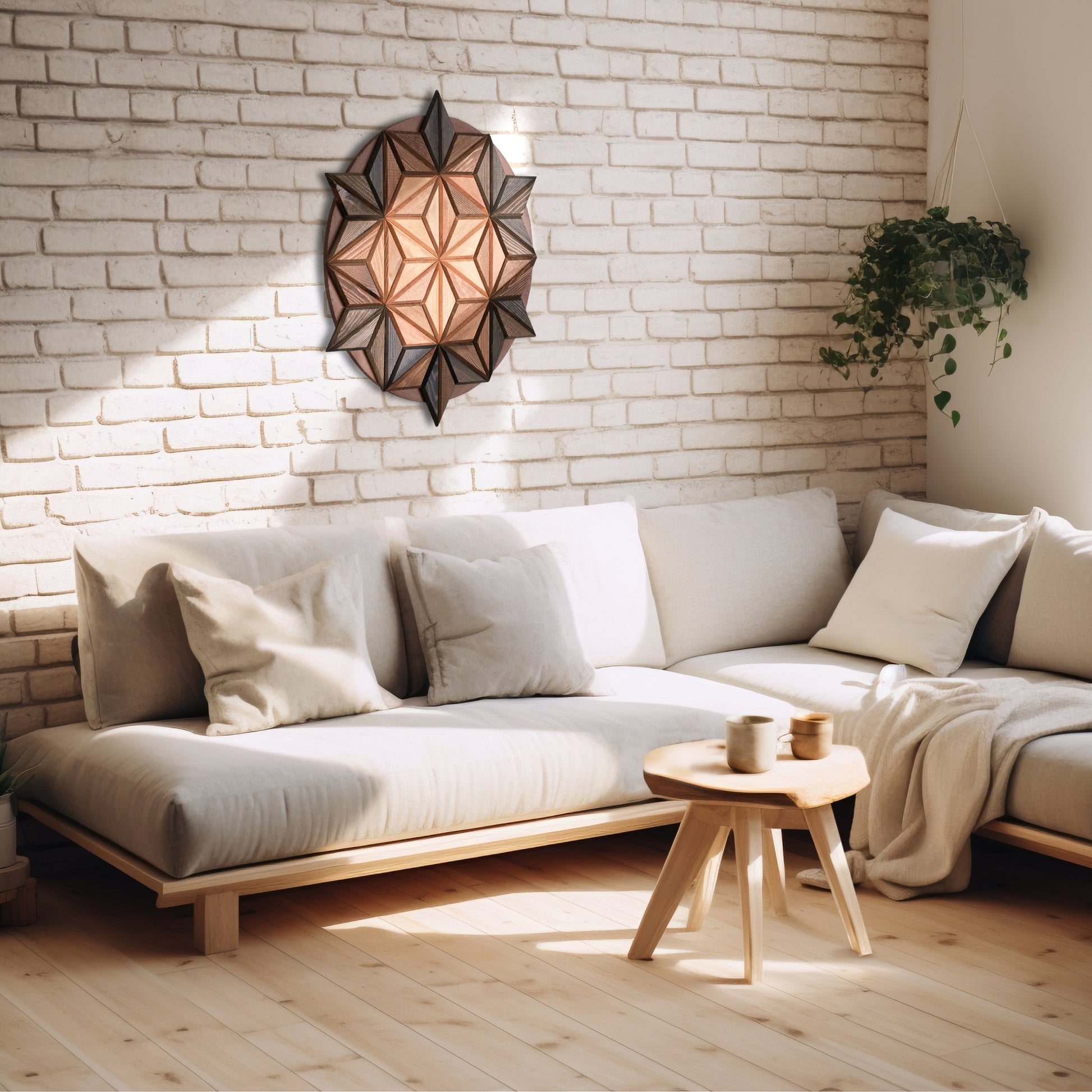 Loft tasarımda beyaz tuğla duvar üzerinde gün ışığı alan geometrik desenli ahşap duvar dekoru.