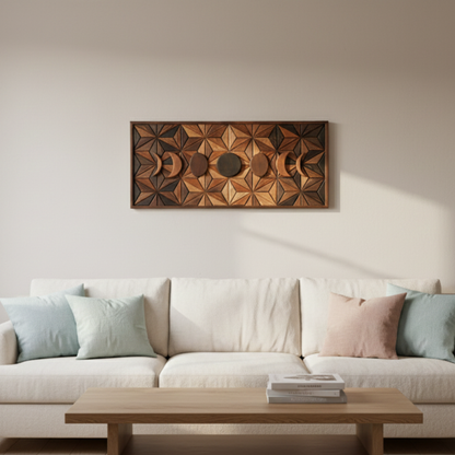 Lunar Geometrik Ahşap Rölyef Tablo | Özel Tasarım Masif Duvar Dekoru