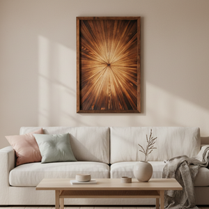 Modern bir oturma odasında bej koltuk üzerine asılmış büyük boy geometrik masif ahşap tablo. Minimalist salon duvar dekorasyonu örneği.