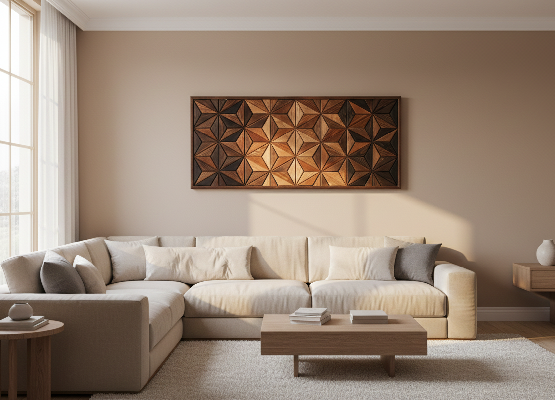 Modern bir oturma odasında bej koltuk üzerine asılmış büyük boy geometrik masif ahşap tablo. Minimalist salon duvar dekorasyonu örneği.