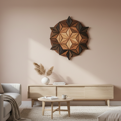 Geometrik Yıldız Formlu Masif Ahşap Duvar Panosu - El İşçiliği Dekoratif Sanat Eseri