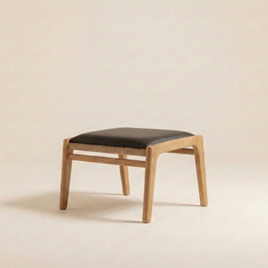 Masif Meşe ve Siyah Deri Ayak Ucu Taburesi | İskandinav Minimalizm