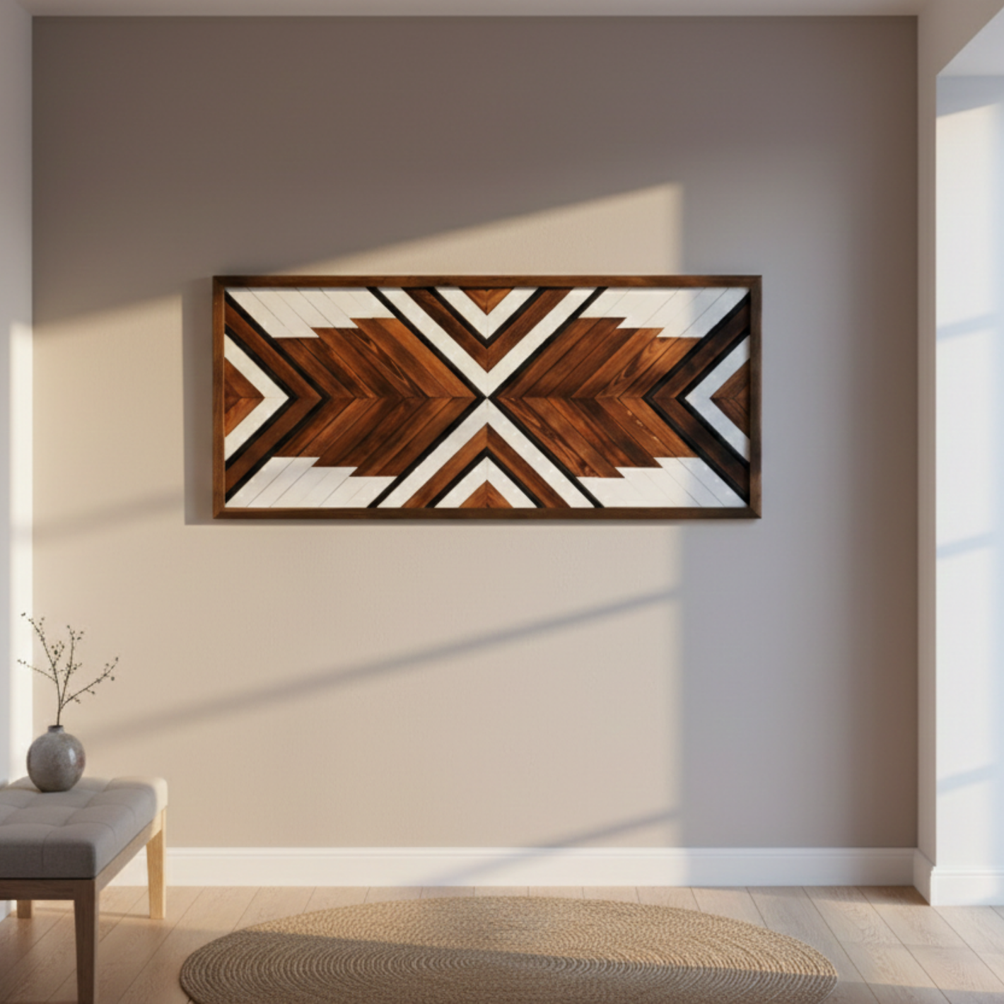 Hol duvar dekorasyonu için modern geometrik el yapımı ahşap tablo, sıcak ahşap tonları ve minimalist iç mekan uyumu