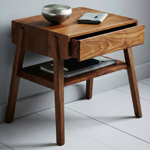 Modern Masif Ahşap Komodin | Ceviz Renk, Raflı ve Çekmeceli Tasarım