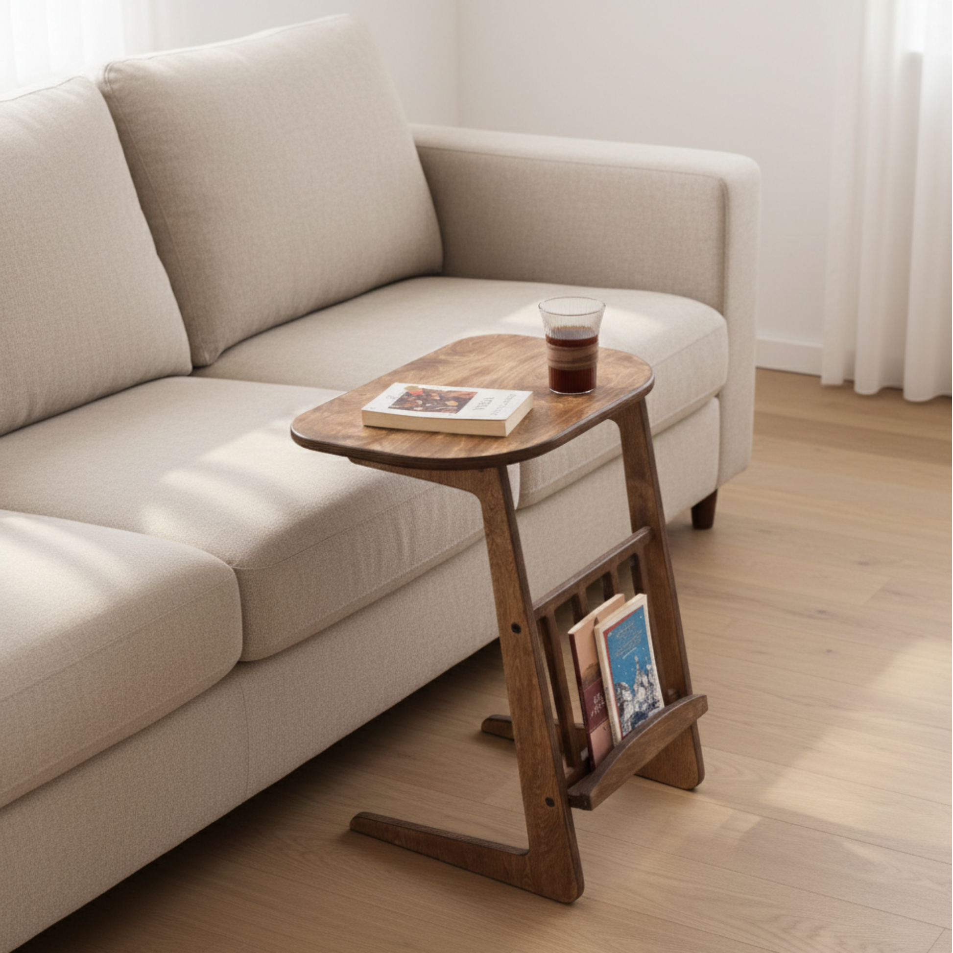 kanepe önünde üzerinde kahve bardağı ve kitapla birlikte ham ahşap C table